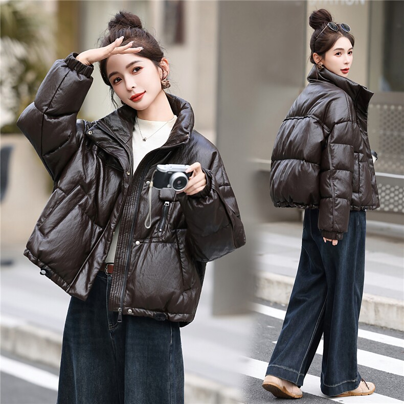 冬季抗风蛋白PU皮立领羽绒服外套加厚保暖2025新品白鸭绒面包服女,女装羽绒服,意芙
