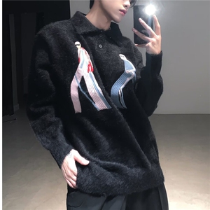 DM339-P60刺绣仿貂绒毛衣男秋冬慵懒风方领针织衫上衣-网图现货