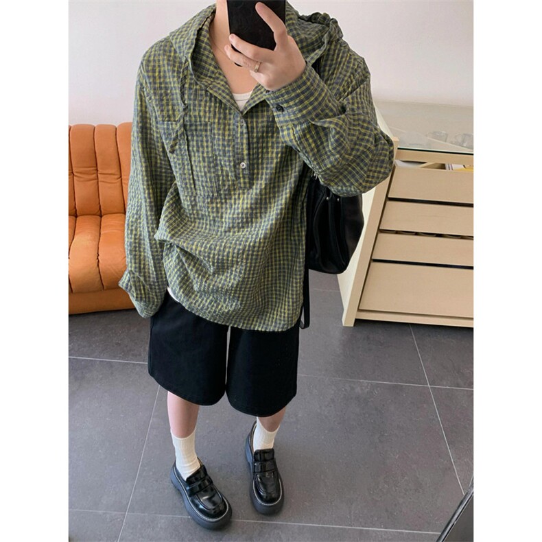 慵懒风绿色格子衬衫男高级感美式防晒衬衣连帽格纹衫 W03图片