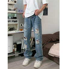 B221美式ins高街暗黑小众直筒破洞牛仔裤LK23064-P60控78，男装牛仔裤，电商B221