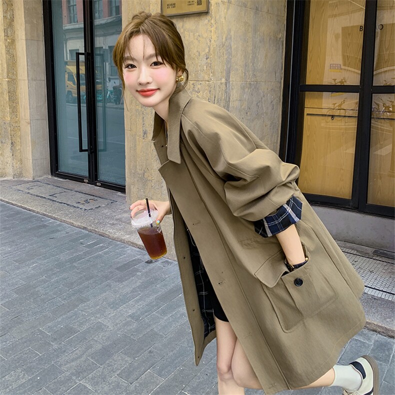 韩系格子拼接风衣外套女春秋2025新款中长款设计感流行大衣爆款,女装风衣,2C029