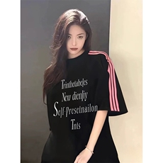 抖音得物品质二开240克宽松纯棉美式潮牌印花三条杠中性风短袖T恤，男装T恤，电商A486-1