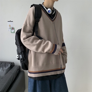 秋装 港风针织衫V领长袖毛衣宽松外套情侣毛线衫学院风 W08/P65图片