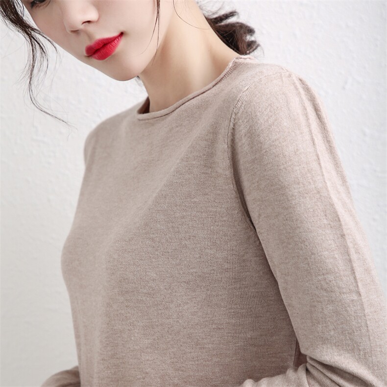 圆领纯色针织衫女短款套头打底衫毛衣内搭长袖显瘦百搭打底衫,针织衫/毛衣,春韵羊绒