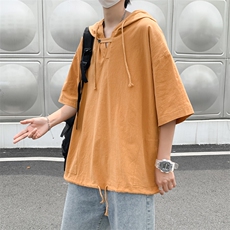 新款黑白纯色男士T恤原宿风个性连帽抽绳潮T恤百搭上衣T555-P28，男装T恤，星座512-2