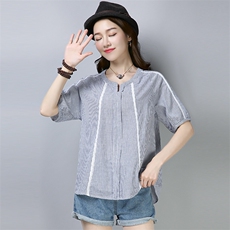 衬衫2021年夏季短袖竖条纹V领贴布时尚气质休闲潮流，女装衬衫，独衣靓