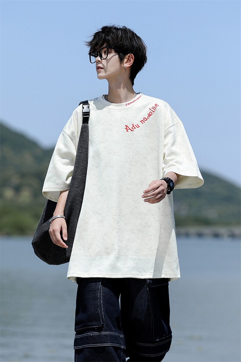 8XL-M高级感复古扎染短袖男波浪纹半截袖美式刺绣T恤DX345,男装T恤,电商D206-1