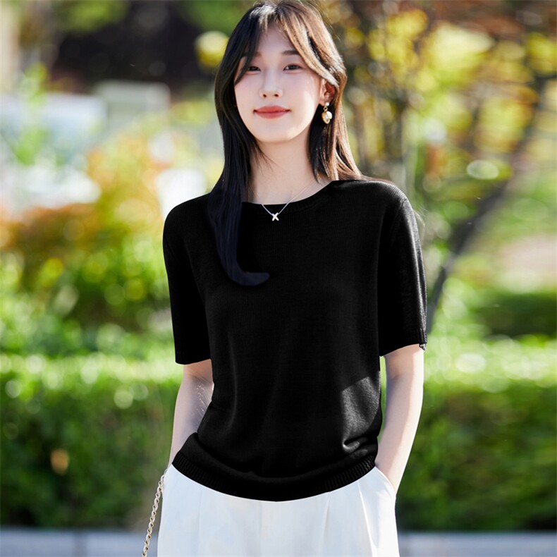 夏季新款简约和纸纱圆领短袖女宽松百搭显瘦上衣时尚休闲T恤图片