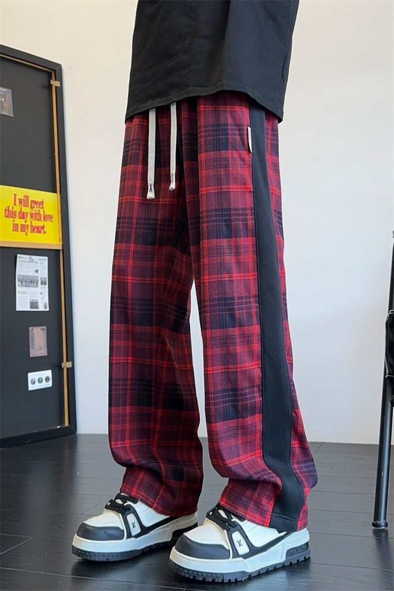 春季新款潮流美式高街垂感设计宽松格子直筒长裤A436-827-P35,男装休闲裤,电商A436