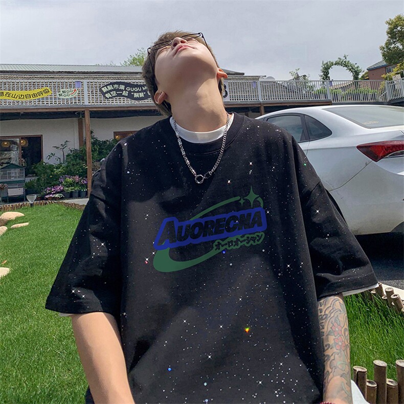 量大优供抖音视频支持得物配合二开美式满天星亮片短袖T恤MTX357,男装T恤,电商A486