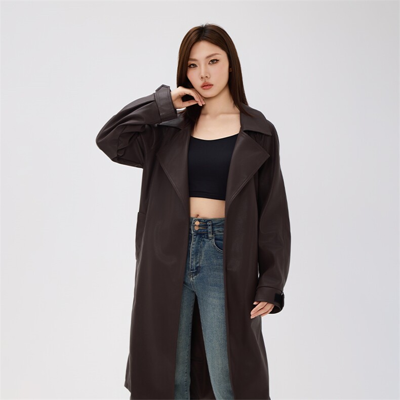 时尚过膝长款皮衣外套女秋冬洋气宽松显瘦皮衣长款风衣,女装皮衣,曼琳思菲