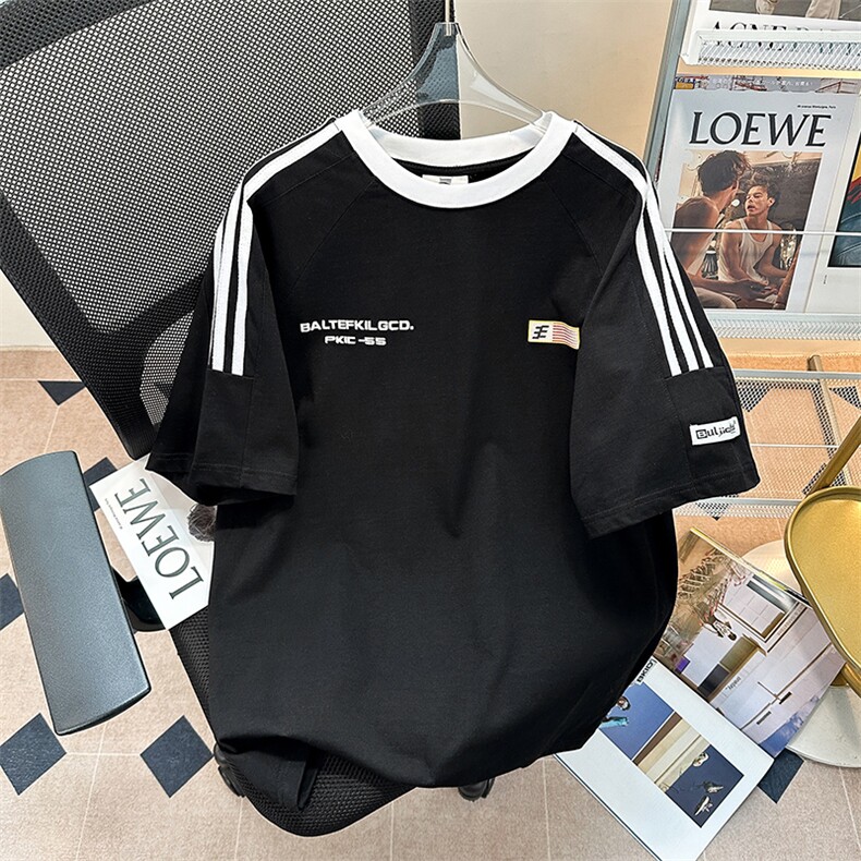 C320-P37 美式复古织带条纹短袖t恤2024夏季潮情侣宽松上衣现货图片