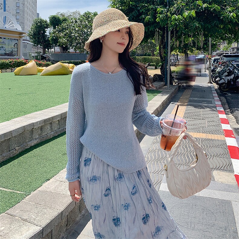 韩系蓝色针织衫碎花半身裙套装女2025春季新款高级感气质两件套潮,女装套装/套裙,浙宝305