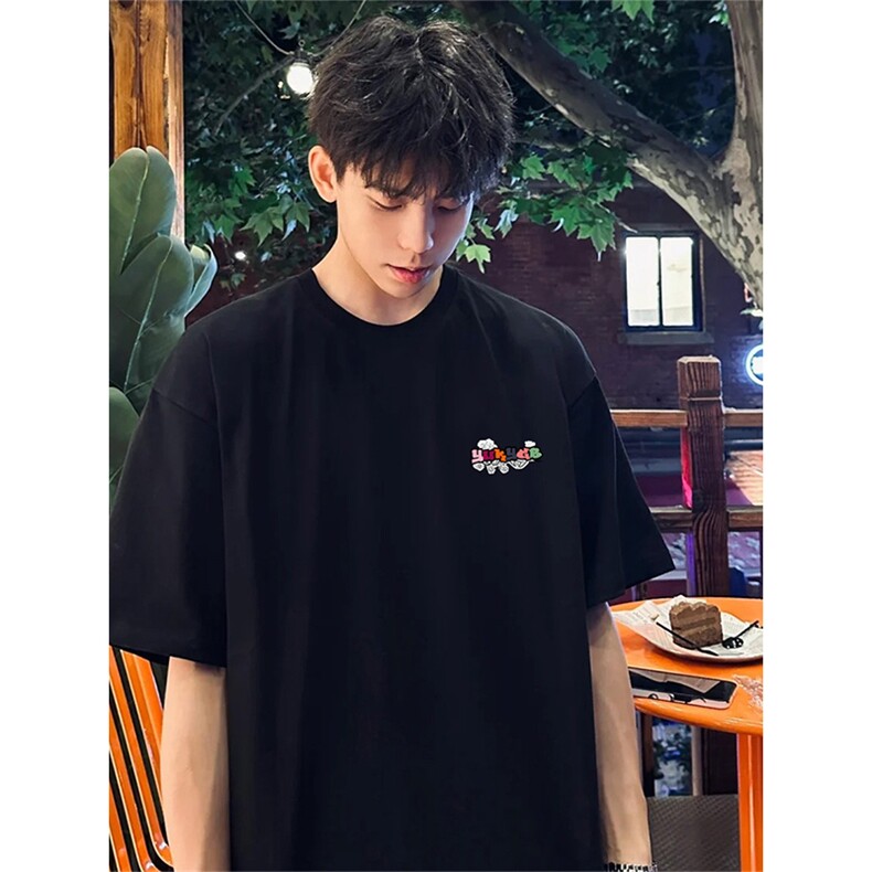 抖音得物供货210克现货宽松纯棉美式潮牌印花落肩袖纯棉T恤AT2164图片