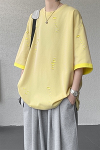 T10137-特批33  控68 开口笑高品质夏季大码短袖破洞潮流百搭T恤图片