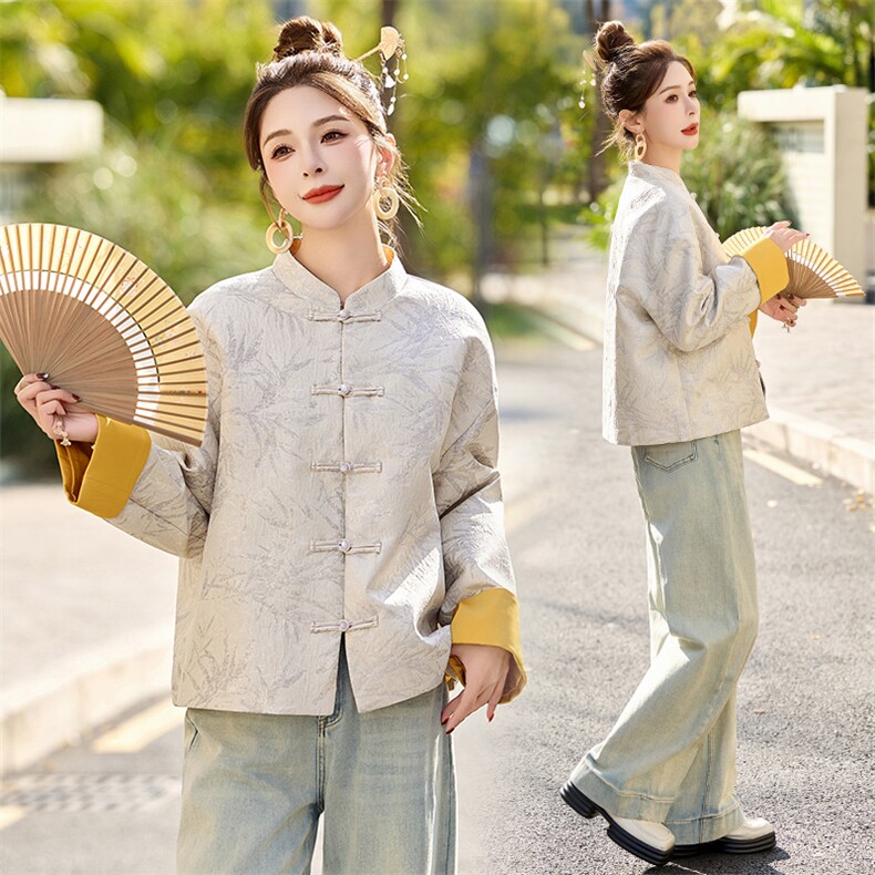 新中式国风提花短款外套女2025春季新款盘扣高端气质撞色唐装上衣,女装短外套,依如秀(原杭风阁)