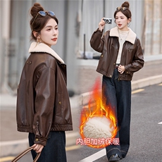 皮夹克外套冬季爆款2025秋冬加厚宽松加绒时尚皮毛一体皮衣女装潮，女装皮衣，梦依缘