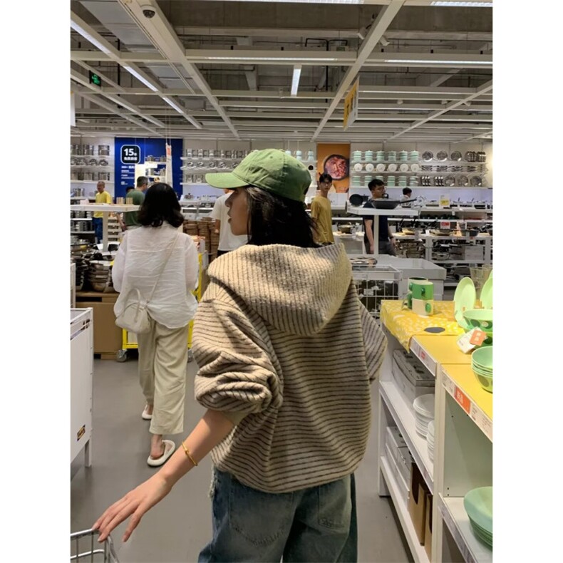 1506/QF400/P77美式复古条纹拉链开衫连帽卫衣男女情侣重磅外套,女装短外套,星座1506