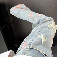 网图现货美式宽松直筒花卉破洞直筒牛仔长裤K154/特P48，男装牛仔裤，星座205-3