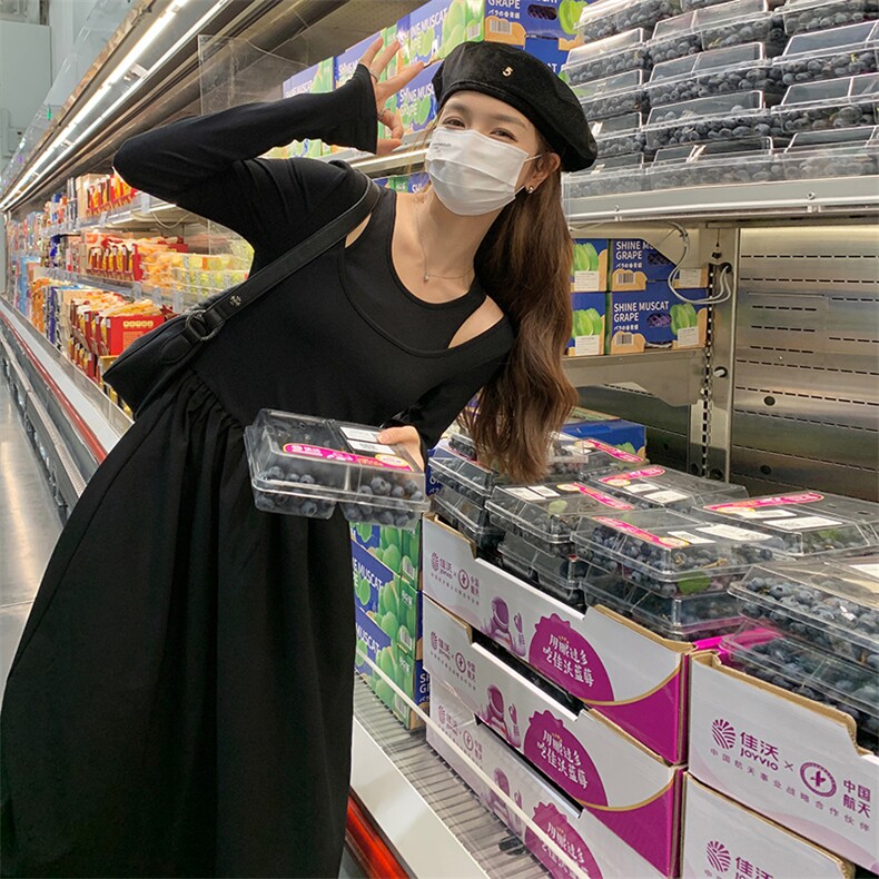 【现货！新款】2C037303P115K1682025春秋黑色修身休闲连衣裙,女装连衣裙,2C037
