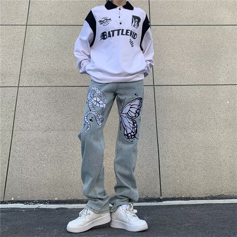 美式高街hiphop复古刺绣牛仔裤男宽松百搭拉链微喇叭休闲情侣长裤,男装牛仔裤,星座716-4
