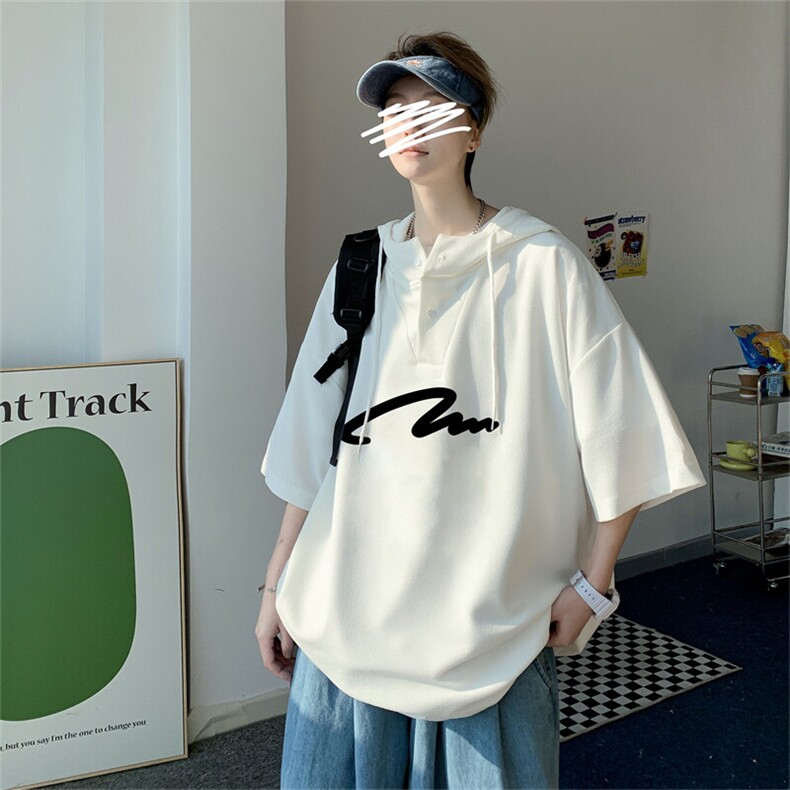 夏季港风冰丝宽松连帽短袖t恤五分体恤上衣TLM5004-P40控58,男装T恤,电商B370