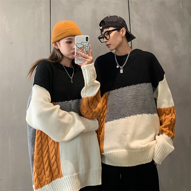 秋冬韩版拼色情侣毛衣宽松潮流慵懒套头个性针织衫男QT812-P75,男装针织衫/毛衣,星座1501