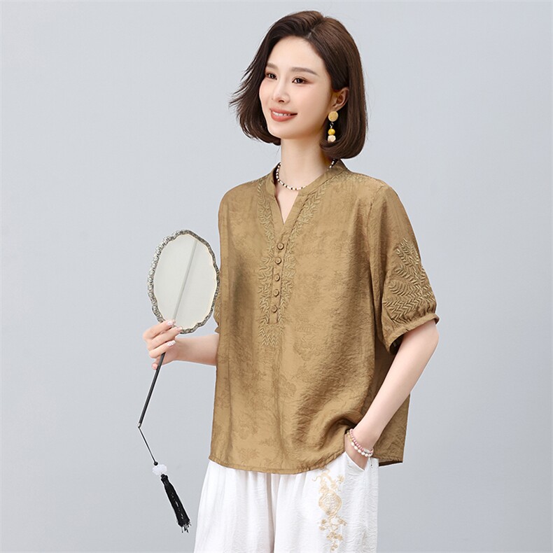 高端女2025夏装新中式天丝麻小衫文艺气质复古妈妈棉麻,女装衬衫,凝聚力