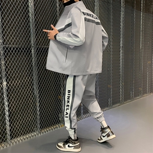 立领夹克一套搭配帅气青少年潮流工装卫衣套装男机能开衫D01P70图片