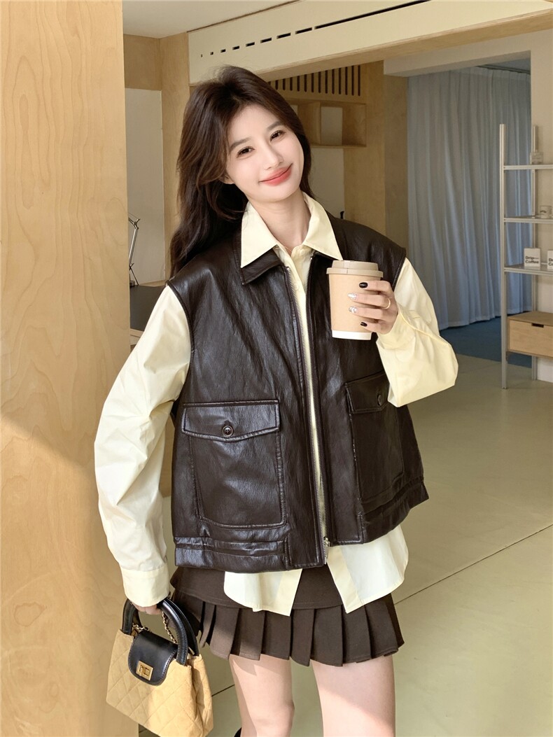 复古风咖色皮衣马甲衬衫套装女2026春新款减龄高级感小个子两件套,女装套装/套裙,艾米莉亚