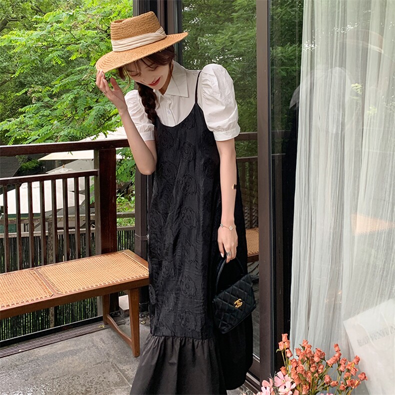 夏季法式质感高级黑色提花吊带长裙女时尚百搭宽松大摆度假连衣裙,女装连衣裙,浙宝276（原081）