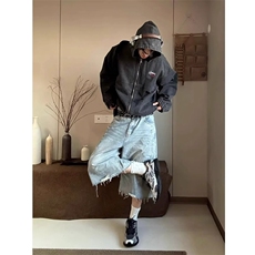 高腰显瘦直筒裙下摆不规则磨破洞设计前开叉个性时尚半身裙牛仔裙，男装休闲裤，四季星座505