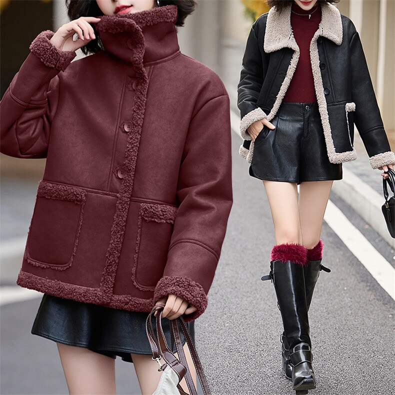 皮毛一体仿羊羔毛外套女短款2024新款秋冬季加绒机车服加厚皮夹克,女装羊羔毛/颗粒绒,潮流依族