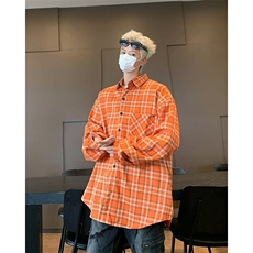 格子衬衫男长袖韩版潮流橘黄色2025夏季新款ins宽松外套CY994-P35，男装衬衫，星座412-3