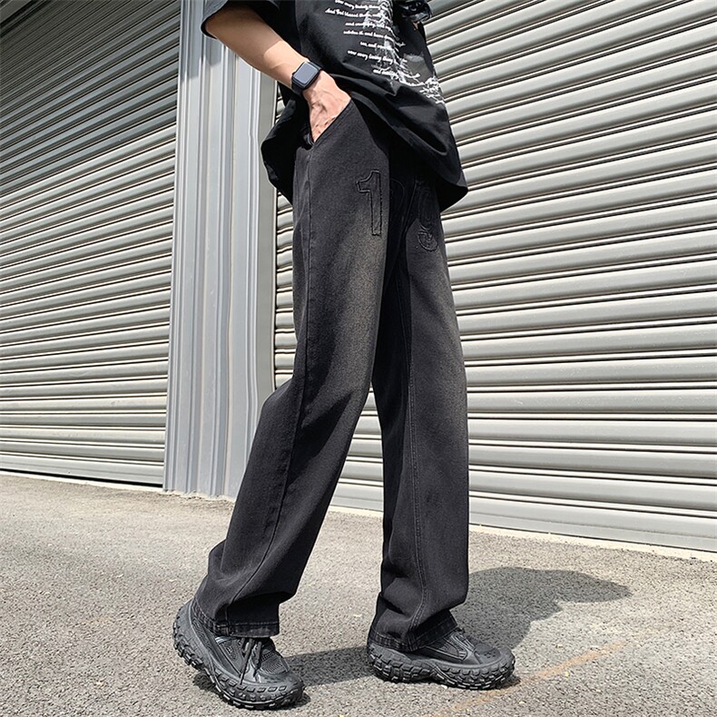 抖音品质高街1997刺绣宽松百搭牛仔裤直筒裤313A-1-NZ030-P55控68,男装牛仔裤,星座808A-1
