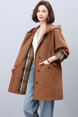 风衣女款2025新款春秋中长款大码宽松连帽时尚休闲外套，女装风衣，天丽