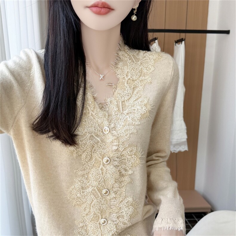 100%羊毛重工蕾丝亮片开衫保暖开衫,女装羊毛衫,优麦羊绒（原洪叶羊绒）