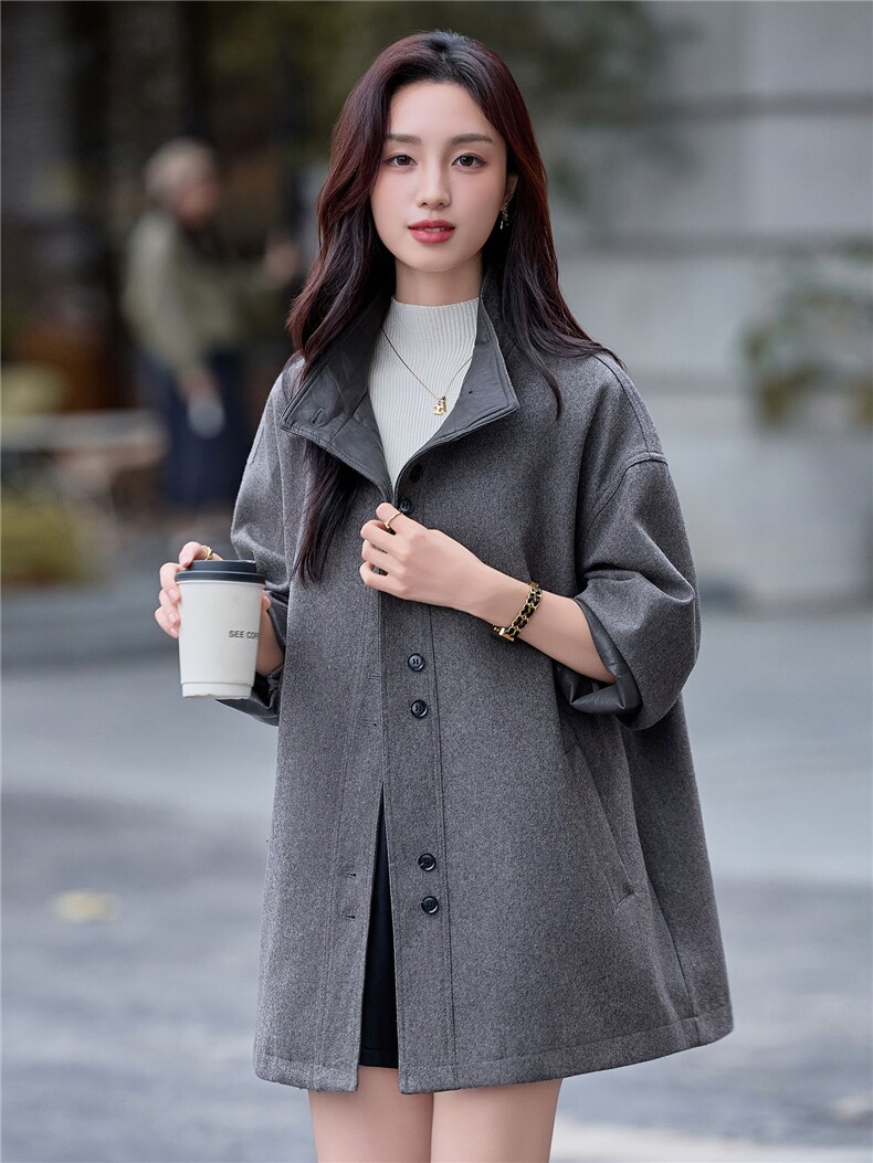 赫本风设计感灰色羊毛大衣女2025年秋冬季宽松休闲遮肚毛呢外套,女装毛呢外套,靓衣阁