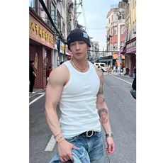 （网图）自产自销240G法罗纹竖条纹夏季纯色无袖背心男短袖T恤，男装背心/马甲，电商C306-1
