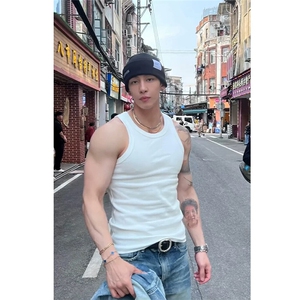 （网图）自产自销 240G法罗纹竖条纹夏季纯色无袖背心男短袖T恤图片