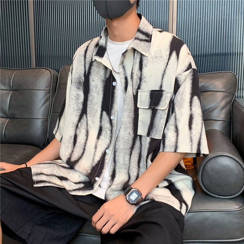美式复古扎染男士短袖衬衫夏季潮牌潮流日系oversize痞帅五分衬衣图片