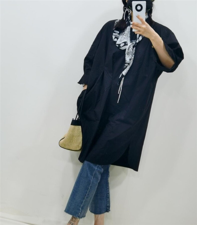 夏季新款带丝巾衬衫料t中长款t桖，女装衬衫，咔咔昵