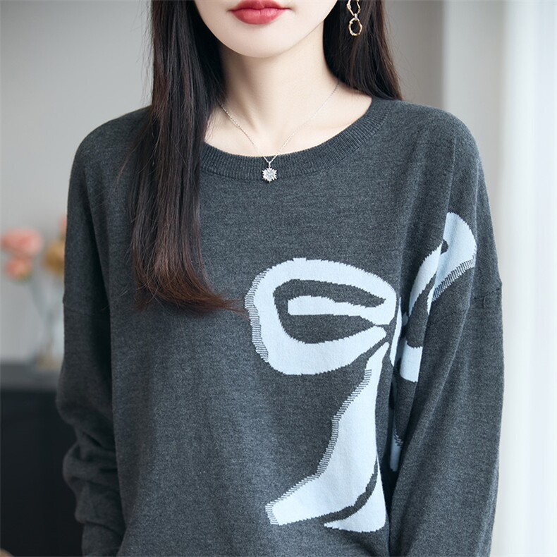 2025年秋季新款蝴蝶结提花针织女士上衣舒适休闲通勤百搭,针织衫/毛衣,暖圣羊羊绒
