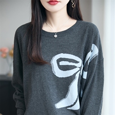2025年秋季新款蝴蝶结提花针织女士上衣舒适休闲通勤百搭，女装针织衫/毛衣，暖圣羊羊绒