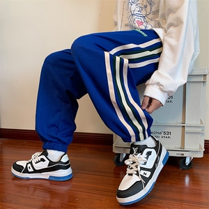 KP710 P45港风休闲裤男条纹宽松大码束脚裤卫裤图片