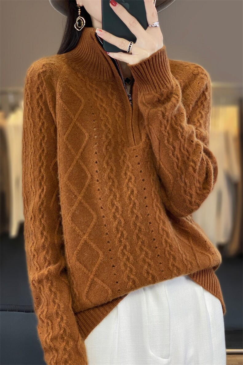 23秋冬新款立领半拉链扭花重工100%羊绒衫女绞花宽松加厚羊毛打底,女装羊毛衫,忠诺羊绒