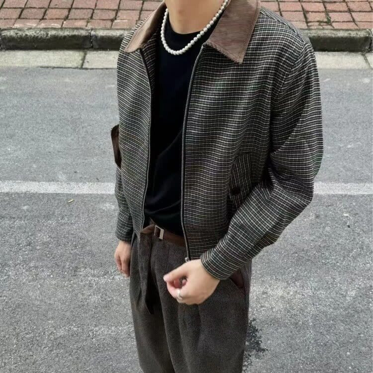 格纹腔调复古黑白格子舒适松弛感翻领短款夹克外套网JK704-P83,男装夹克,星座1001-1