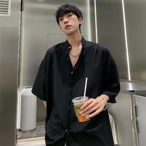 新中式风衬衫男短袖立领高级感垂感冰丝衬衣复古外套P32,蓝色外套搭配什么颜色里衣图片