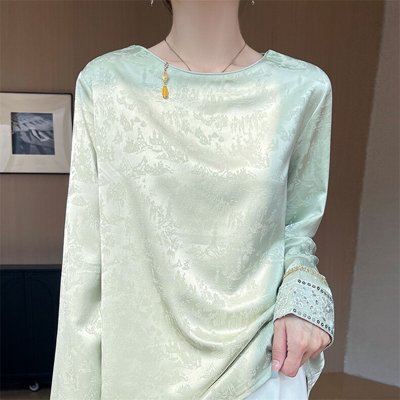 25年春季新款新中式国风醋酸缎面丝滑禅意长袖上衣高级感显瘦衬衣，女装蕾丝衫/雪纺衫，佳绒高端店