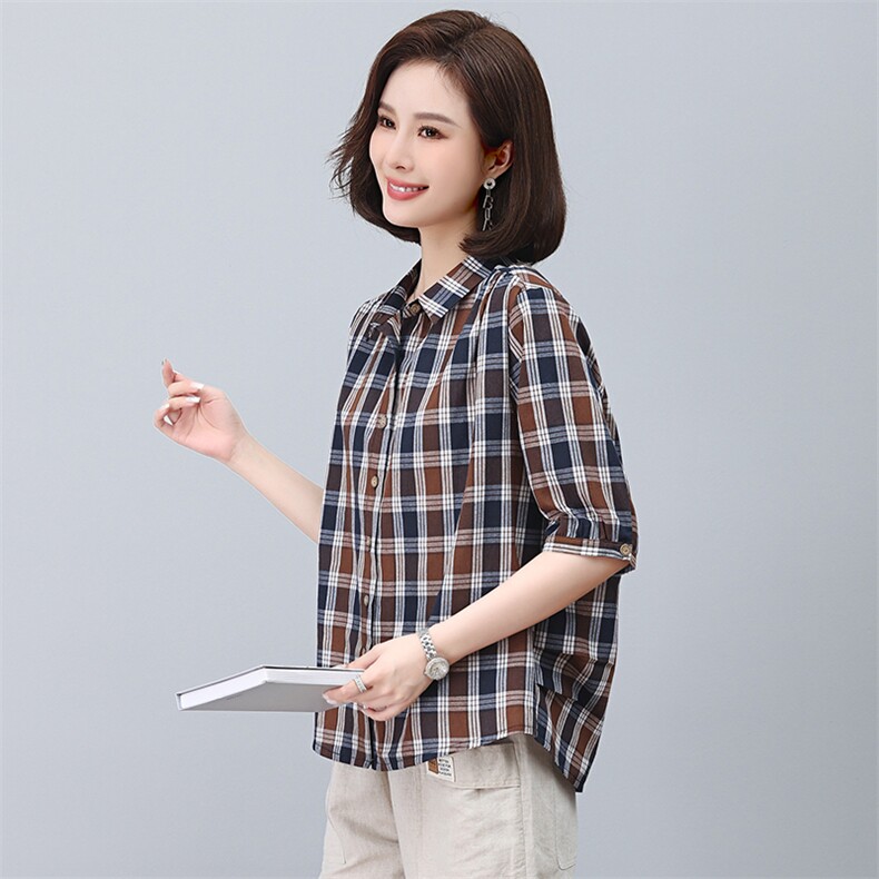 五分袖格子衬衫女2025夏季新款宽松显瘦衬衣中年妈妈短袖减龄上衣,女装衬衫,独衣靓